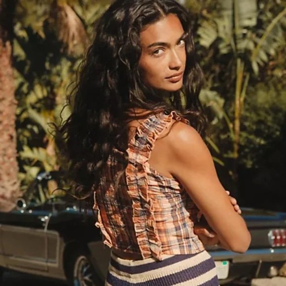 Anthro Verb Summer Vacation Ruffled Plaid Tank Orange Motif Blouse Extra Small - Picture 11 of 11